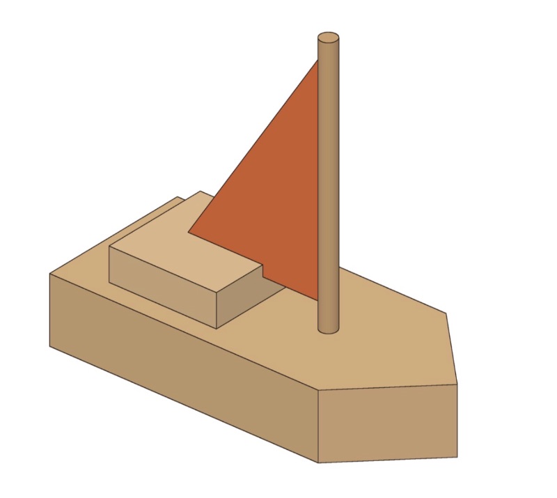 A wooden toy sailboat with a pointed bow, a small cabin block, a dowel mast, and an orange triangular craft-foam sail.