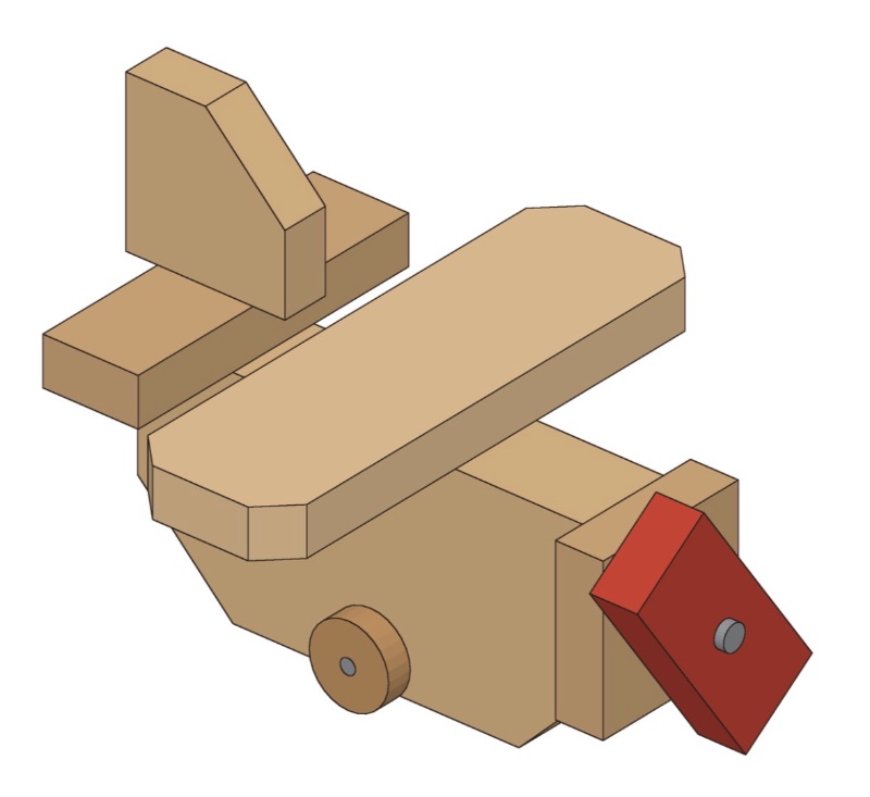 3D rendering of a chunky wooden toy airplane with wide wings, a swept tail fin, a red spinning propeller, and a wheel.