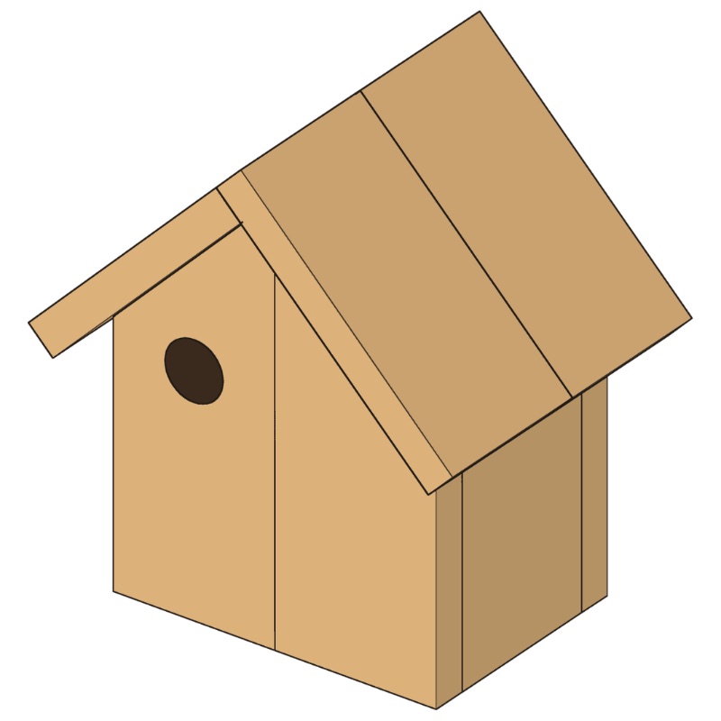 An isometric illustration of the finished wooden birdhouse, showing its peaked roof, round entrance hole and front wall.