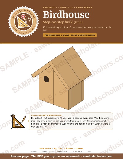 Birdhouse Build Guide (Ages 7–10) — 16-Step Companion for the Birdhouse Project Plan, sample page 1